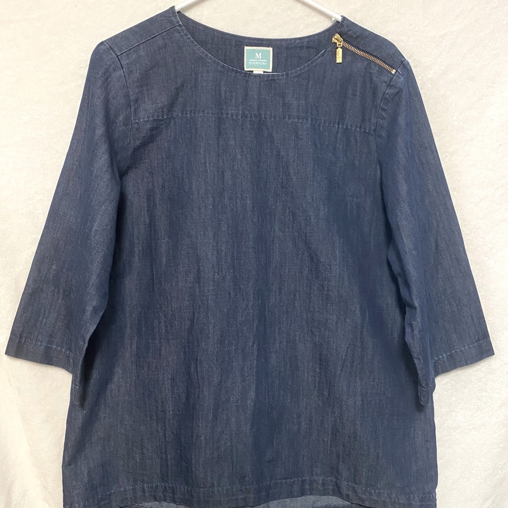 VINTAGE MARTHA STEWART Dark Blue Denim Zipper Shoulder Blouse - M